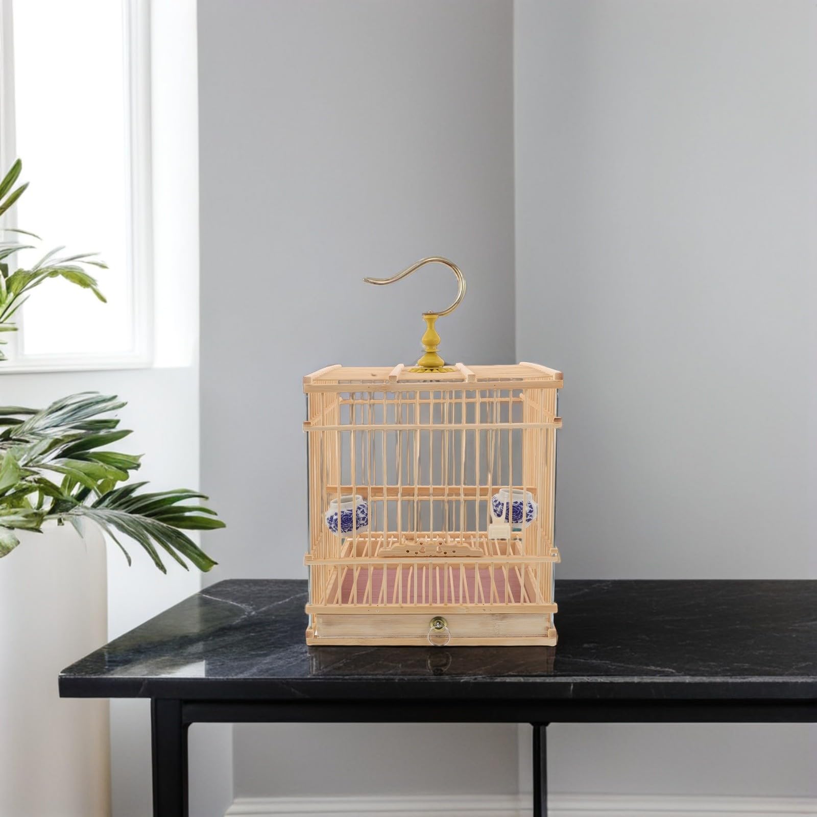 STOBAZA Jaula para Periquitos y Pájaros Pequeños Rectangular con Diseño Vintage Elegante, Cierre Fácil de Usar, Hábitat Natural en Bambú y Metal, Adecuado para Interiores y Balcones