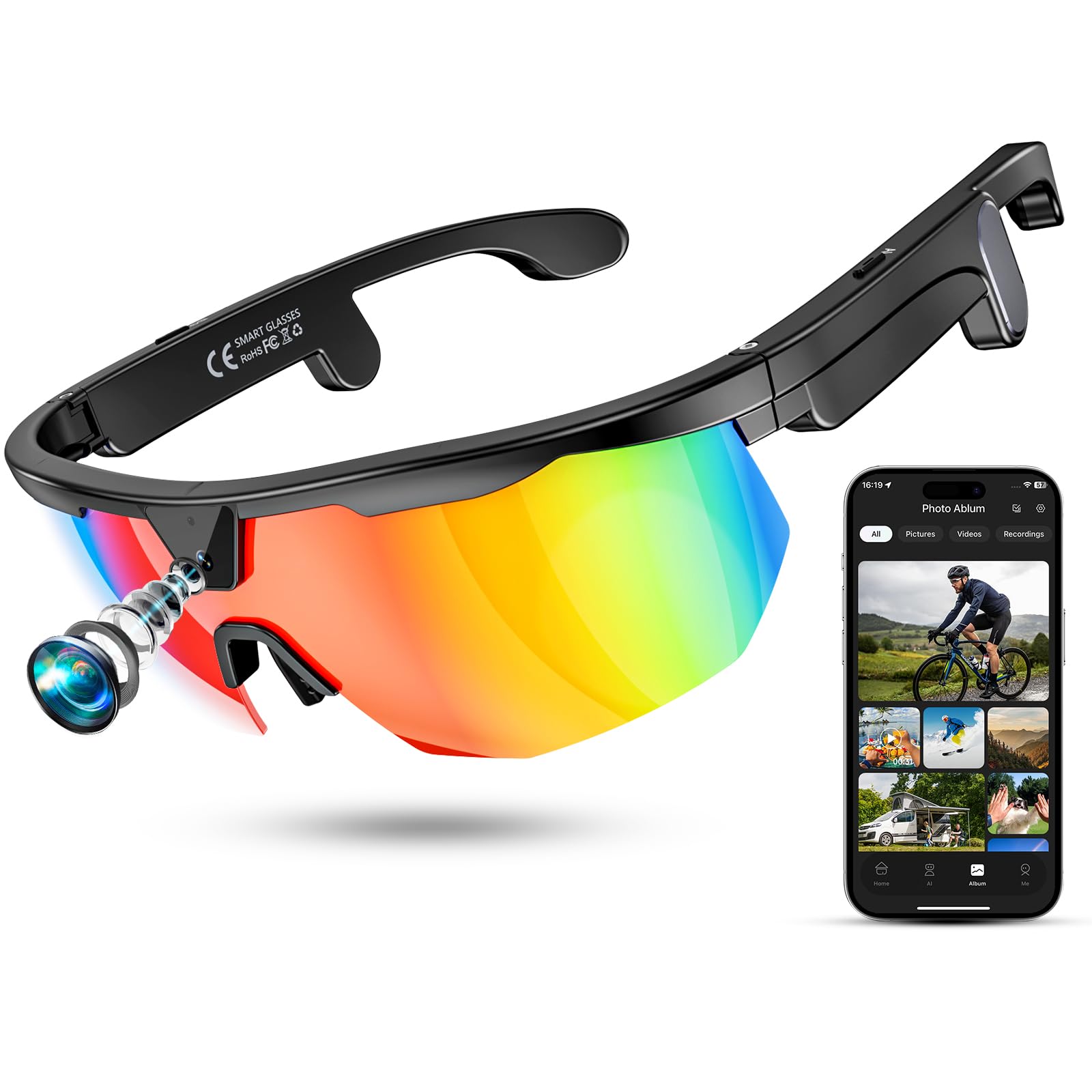 Mingtawn Occhiali Intelligenti con Fotocamera, Ciclismo Occhiali IA per Scattare Foto/Effettuare Chiamate Bluetooth/Riprodurre Musica/Tradurre/Registrare Audio, Occhiali da Sole UV400