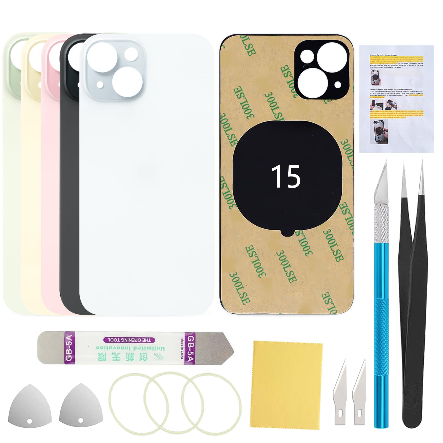 Back Screen Cover Glass Replacement Compatible with iPhone 15 6.1-Inches All Carriers with Installation Manual + Repair Tool Kit (Blue)