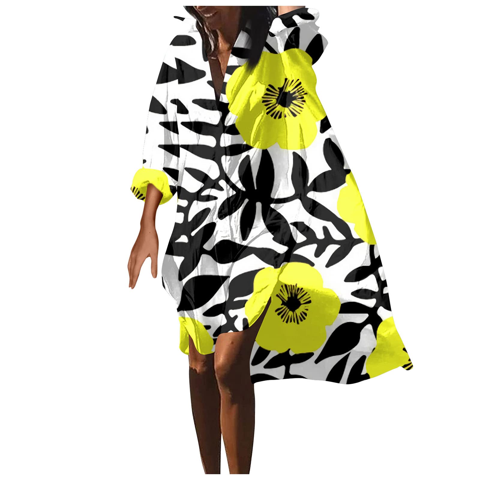 GenericWomen's Lapel Floral Print Beach Cover Up Loose Summer Dresses Casual Beach Dresses Long Sleeve Midi Dresses Going Out Dresses Plus Size Dresses Vacation Dresses