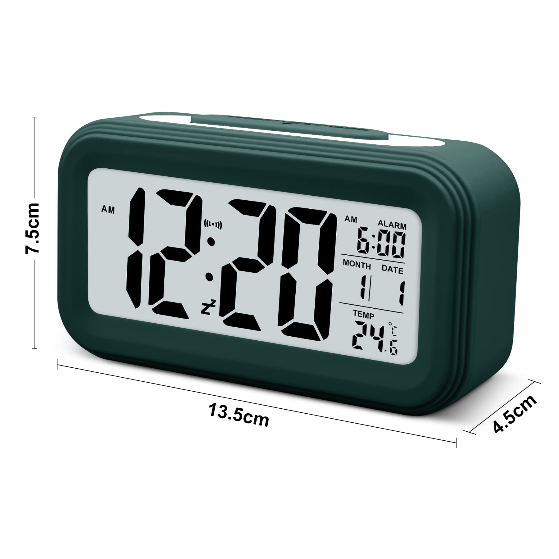 Larkumio Sveglia Digitale da Comodino LED Alarm Clock, Orologio Sveglia Luminosa Silenziosa a Pile Sveglie da Viaggio con Snooze per Adulti Anziani Bambini, Verde Scuro