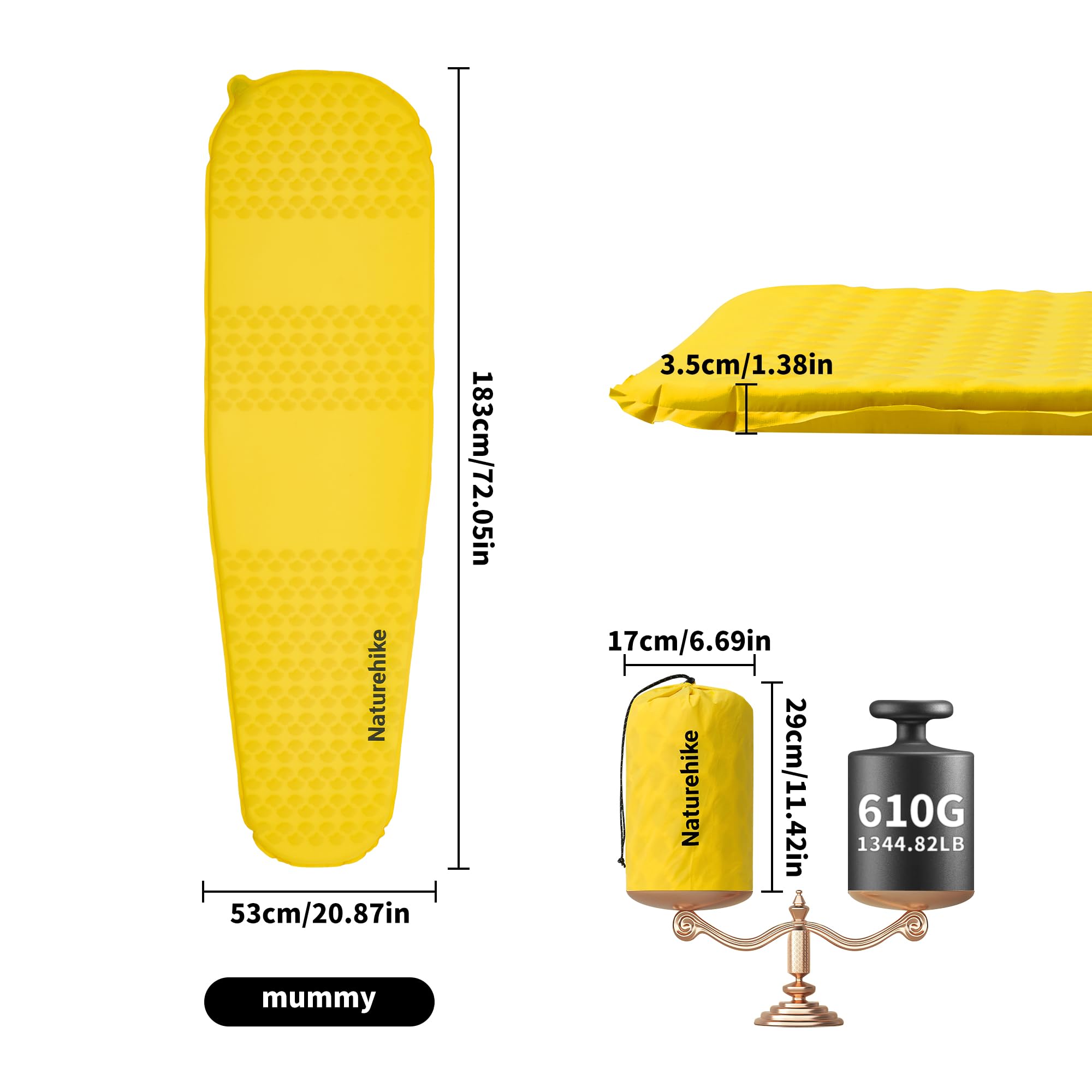 Naturehike Yugu Air Mattress - Colchoneta autoinflable de 3,5 cm de grosor, tamaño compacto y ligero, para camping, senderismo y deportes al aire libre