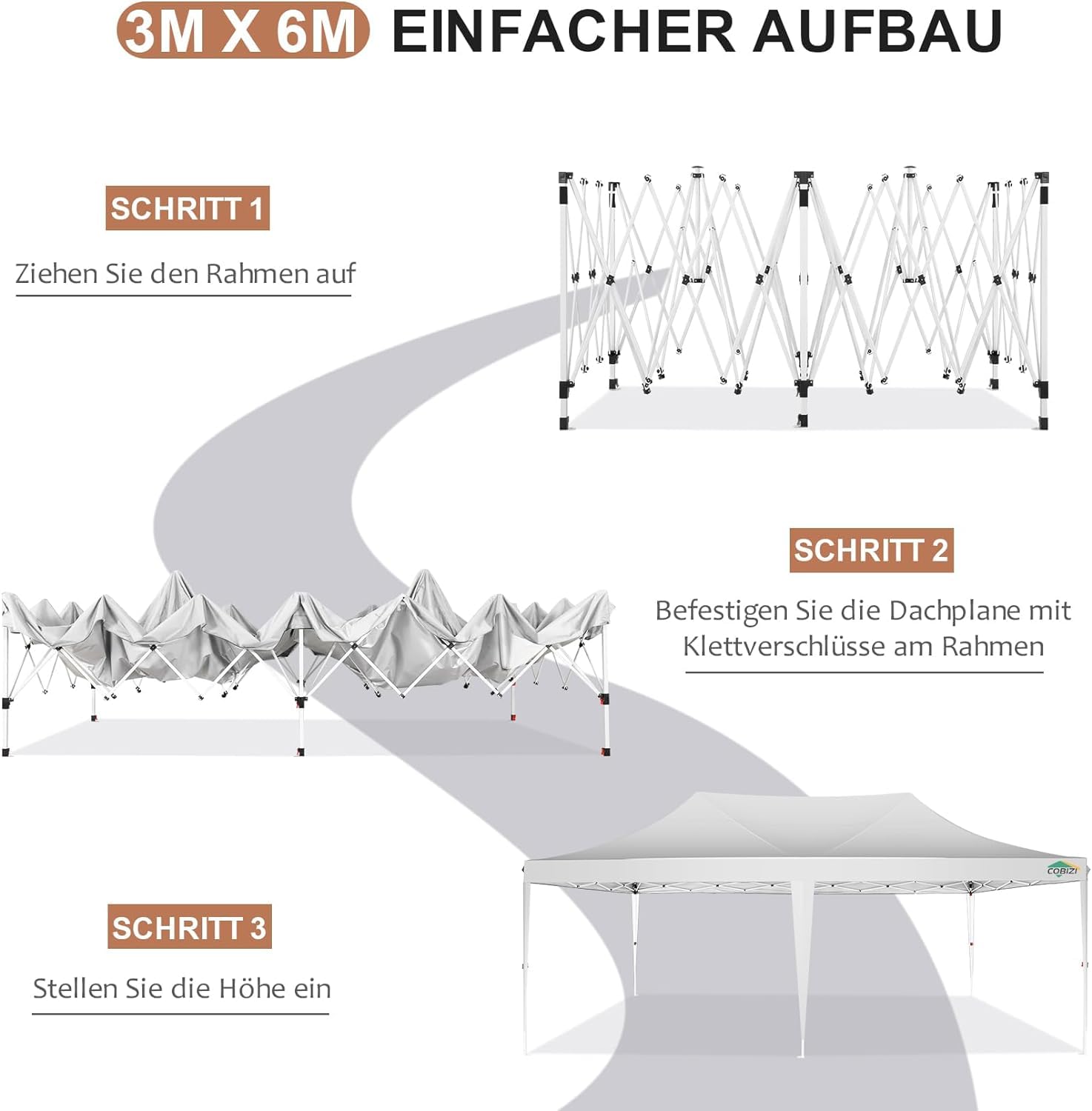 COBIZI Pavillon 3x6,Faltpavillon 3x6 Wasserdicht Stabil Winterfest, Sofort aufklappbare Vordächer Outdoor Gartenzelt mit 6 Seitenteilen, für Party Garten Festival, Weiß | Upgrade 210D Oxford-Gewebe (UPF50+), höhenverstellbar 300-320cm, für Garten/Partys/E