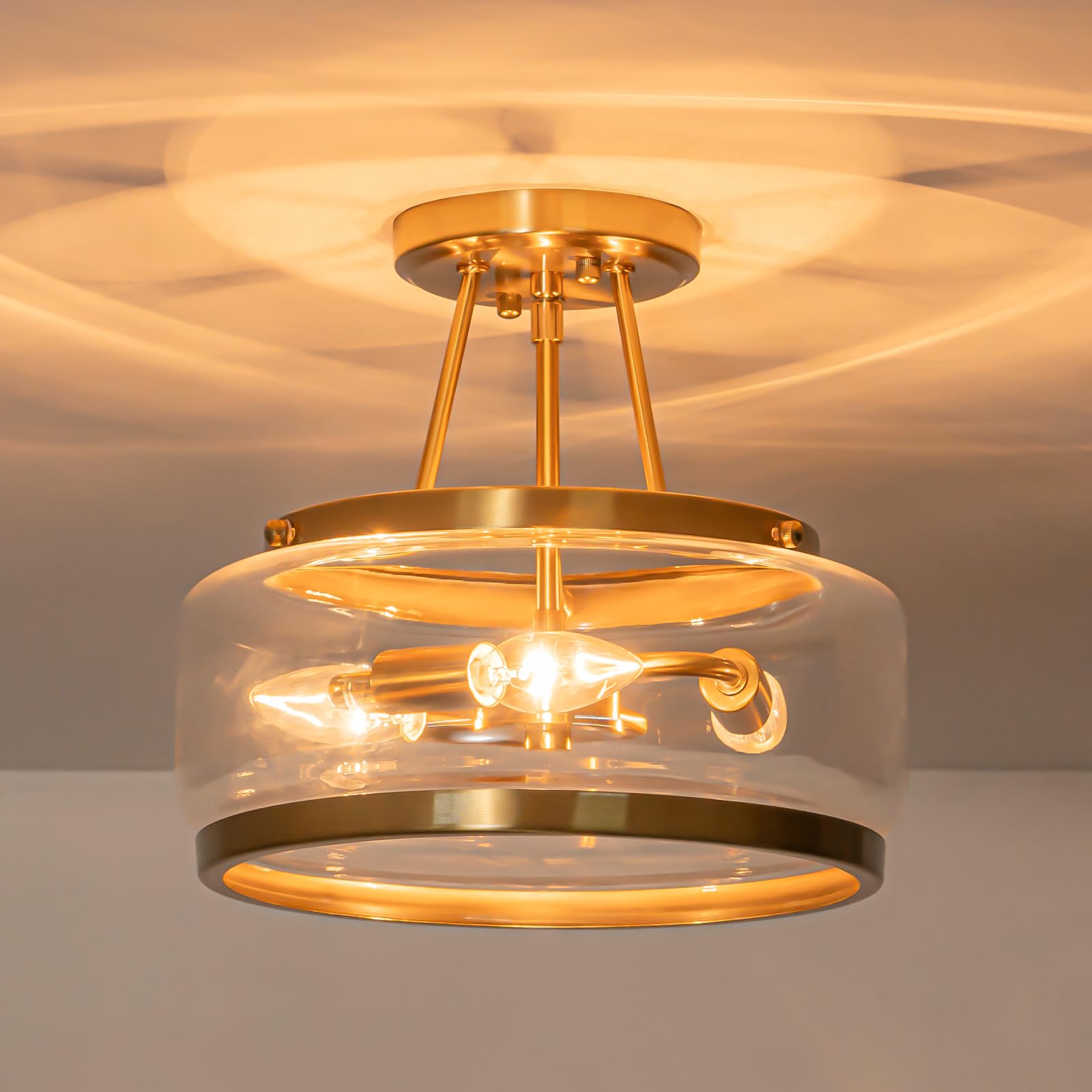 Photo 1 of Kunlinzhu Gold Semi Flush Mount Ceiling Light Fixture 3 Light,11.8 Inch Small Drum Modern Glass Ceiling Light Fixtures for Bedroom,Entryway,Hallway,Kithcen,Dining Room,Bathroom