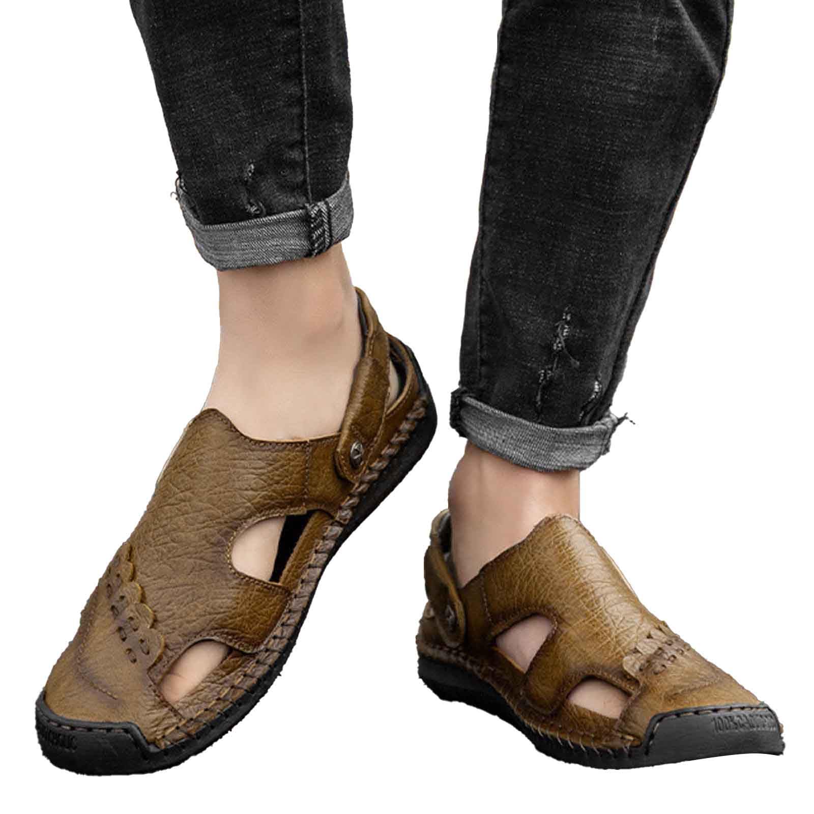 Sandalias Hombre Suela de Goma Cuero con Bandas Ajustables Chanclas Casual Deportivas Punta Cerrada Zapatillas Amortiguado Soporte de Arco Reforzada para Playa Verano Piscina