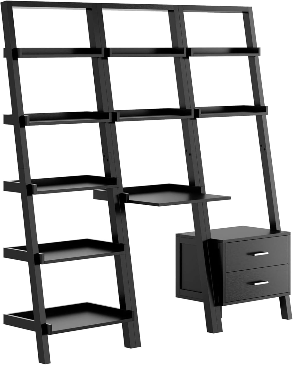 Modern Black 3-Piece Leaning Desk and Ladder Shelf Set – Solid Wood Wall-Leaning Workspace & Storage System for Home Office or Living Room