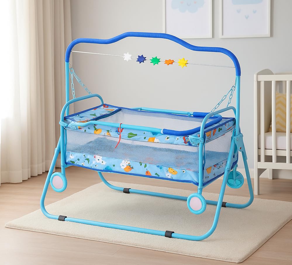 FLIPZON Premium New Born Baby Cradle, baggi/palna with Swing & Mosquito Net | 0-13 Months | with 4 Wheels | Foldable | Sturdy & Safe | Polypropylene/Mild Steel | J4-Sky Blue