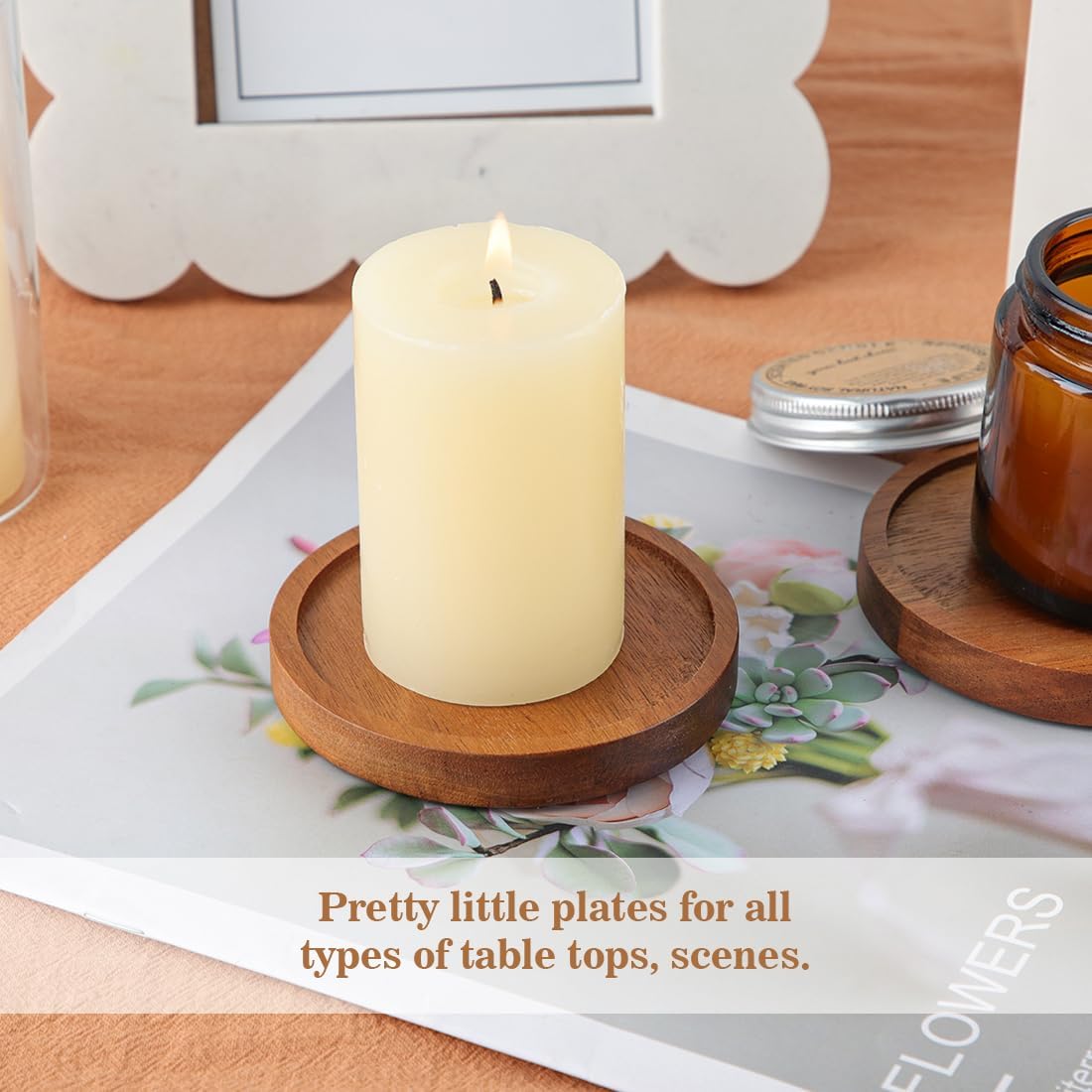 Wood Candle Holder Farmhouse Decor - HALE OTEIR Wooden Pillar Candles Holder for Pillar Floating Candles Set of 2 Round Wooden Plate Pedestal Stand for Coffee Table for Christmas Decor