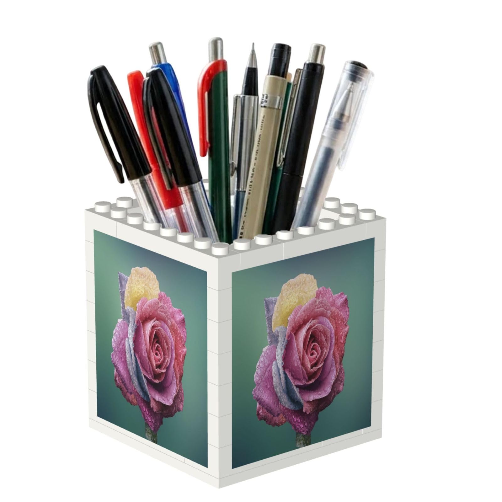 Poadnly Colorful Rose Romance Petals Plant, Pen Pot Pencil Holder for Office Home School, Compact Desk Organiser for Office Stationery