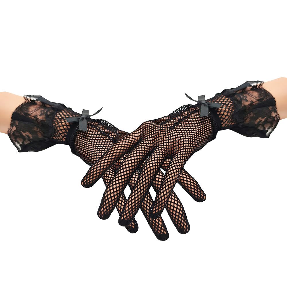Bridal Gloves Knitted Mesh Lace Gloves Women Short Floral Gloves for Wedding Opera Tea Party Evening Dress Gloves (Black)