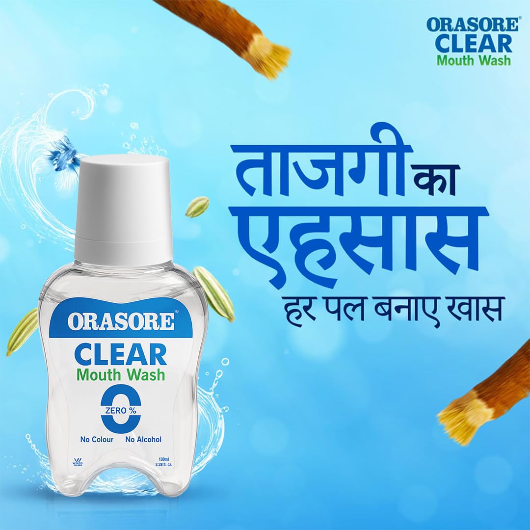 ORASORE Clear Mouthwash | Kills Bad Breath & Stops Tooth Decay | 100% Ayurvedic With 12 Ingredients Including Miswak Suitable For Men, Women, Children | 100 Ml 3