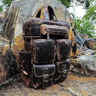 Buffalo Leather Backpack Multi Pockets Daypack Travel Laptop Bag for Men Women
