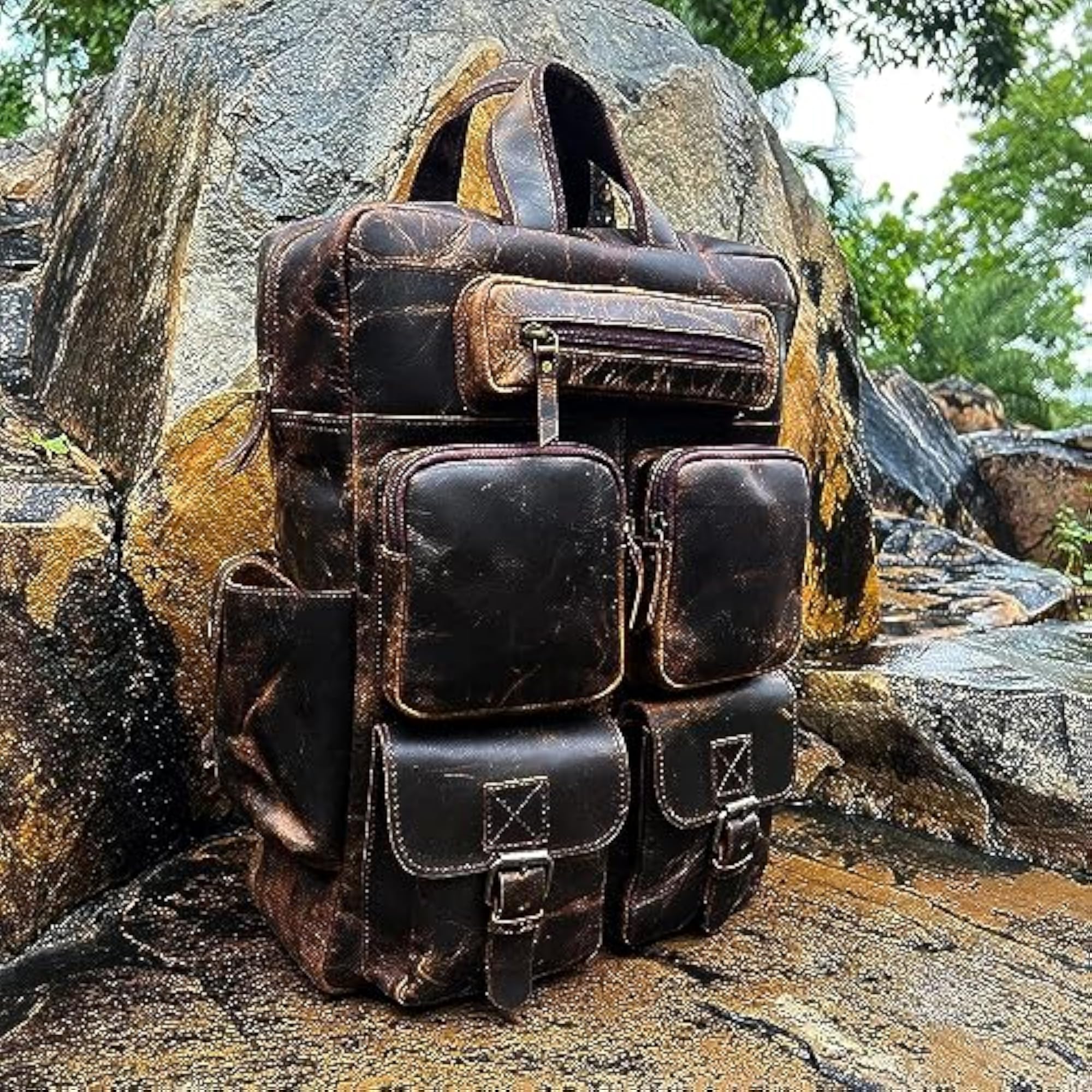 L S Buffalo Leather Backpack, Multi Pockets Travel Bag