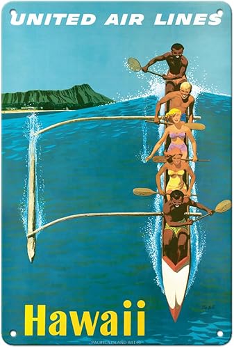 Hawái - United Air Lines - Cartel de viaje vintage de aerolínea por Stan Galli c.1960 - Cartel artístico vintage de madera de 8 x 12 pulgadas