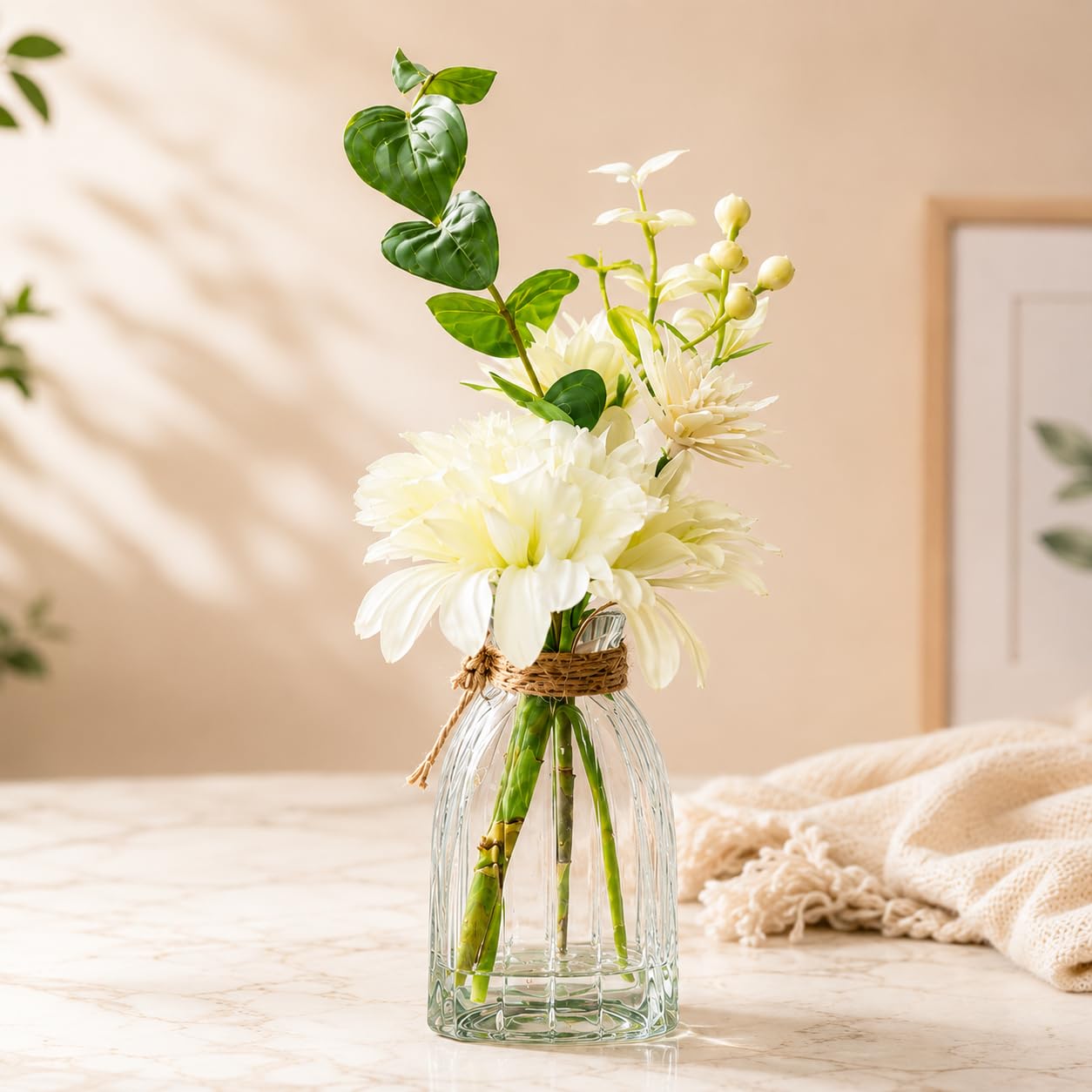 CURATED CART Artificial Flower in Glass Vase for Home Decor, Small Mini Fake Plant, Realistic White and Green Faux Flower Bunch for Home, Office, Tabletop, Maintenance-Free-image-38