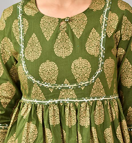 Image of H&N Women 's Casual Cotton Slub Anarkali Printed Kurta with Dhoti (Green)