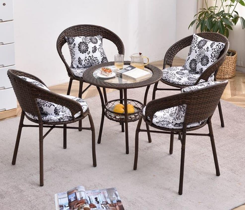 Image of 4+1 Outdoor Indoor Furniture Sets Rattan Wicker Chair Patio Set Bistro Set Conversation Set Balcony Outdoor Garden Furniture Chair (Brown with Multicolor Cushion & Pillow)
