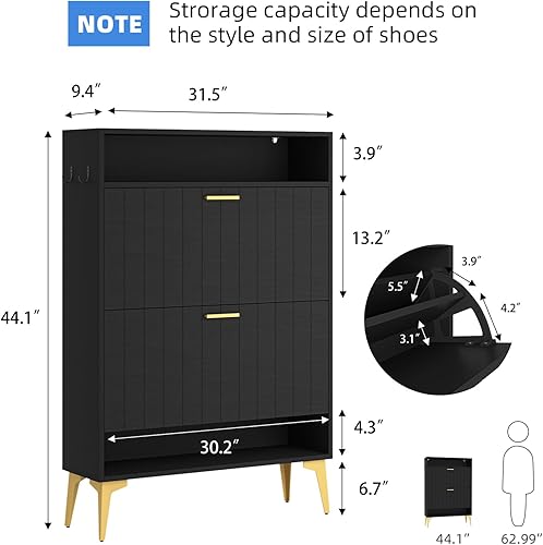Miniatura 2 de Rumiiro Zapatero con 2 cajones abatibles, almacenamiento de zapatos independiente con patas de metal, moderno organizador de zapatos con estante