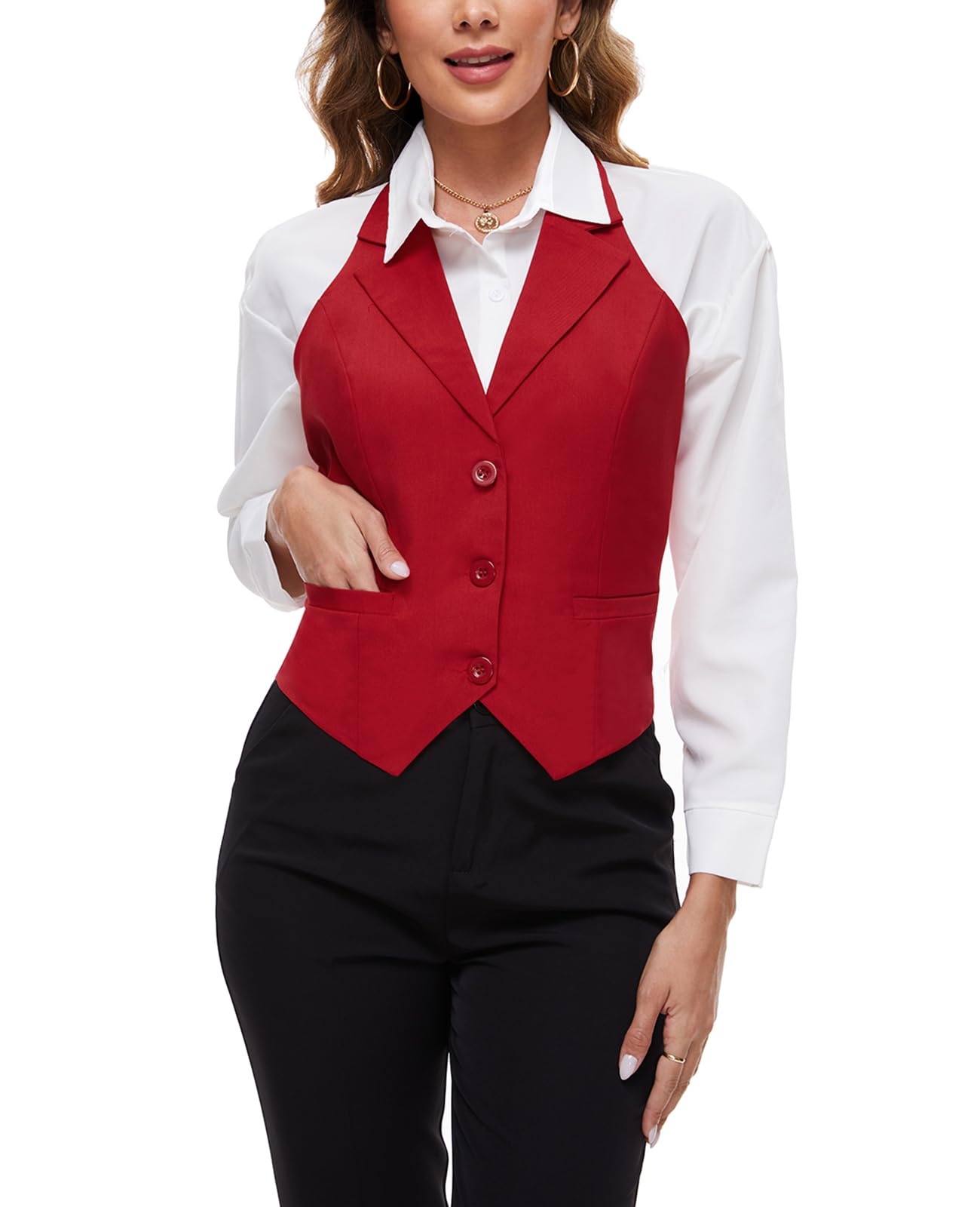 Chaleco corto para mujer, con 3 botones, cuello halter, solapa con muesca, chaleco formal de esmoquin, bolsillos soldados, chaleco de oficina