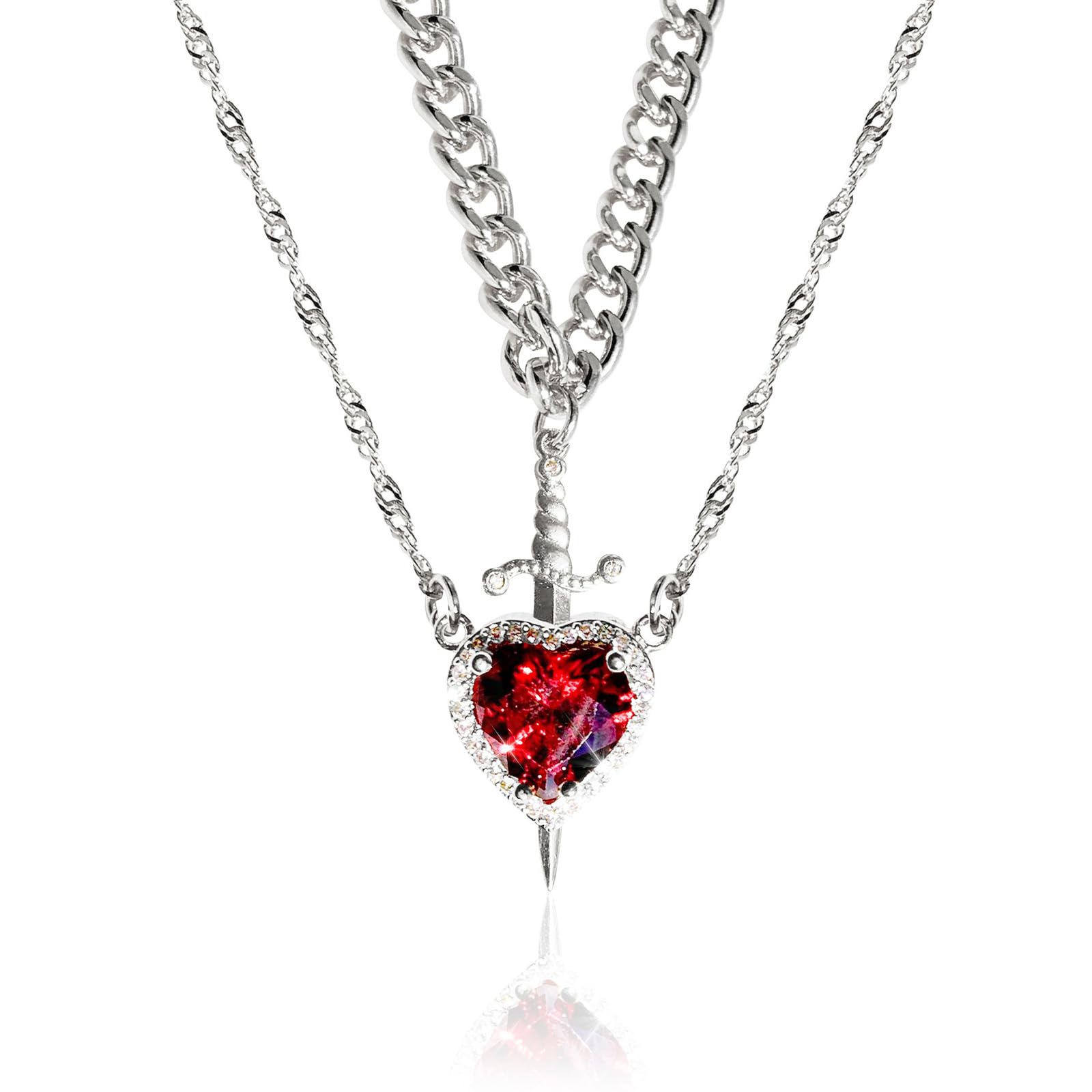 Heart and Sword Couples Necklace Gold Stainless Steel Pink Heart Zirconia Chain Trendy Matching Sword Through Heart Necklace Set Romantic Necklaces for friend Couple-image-45