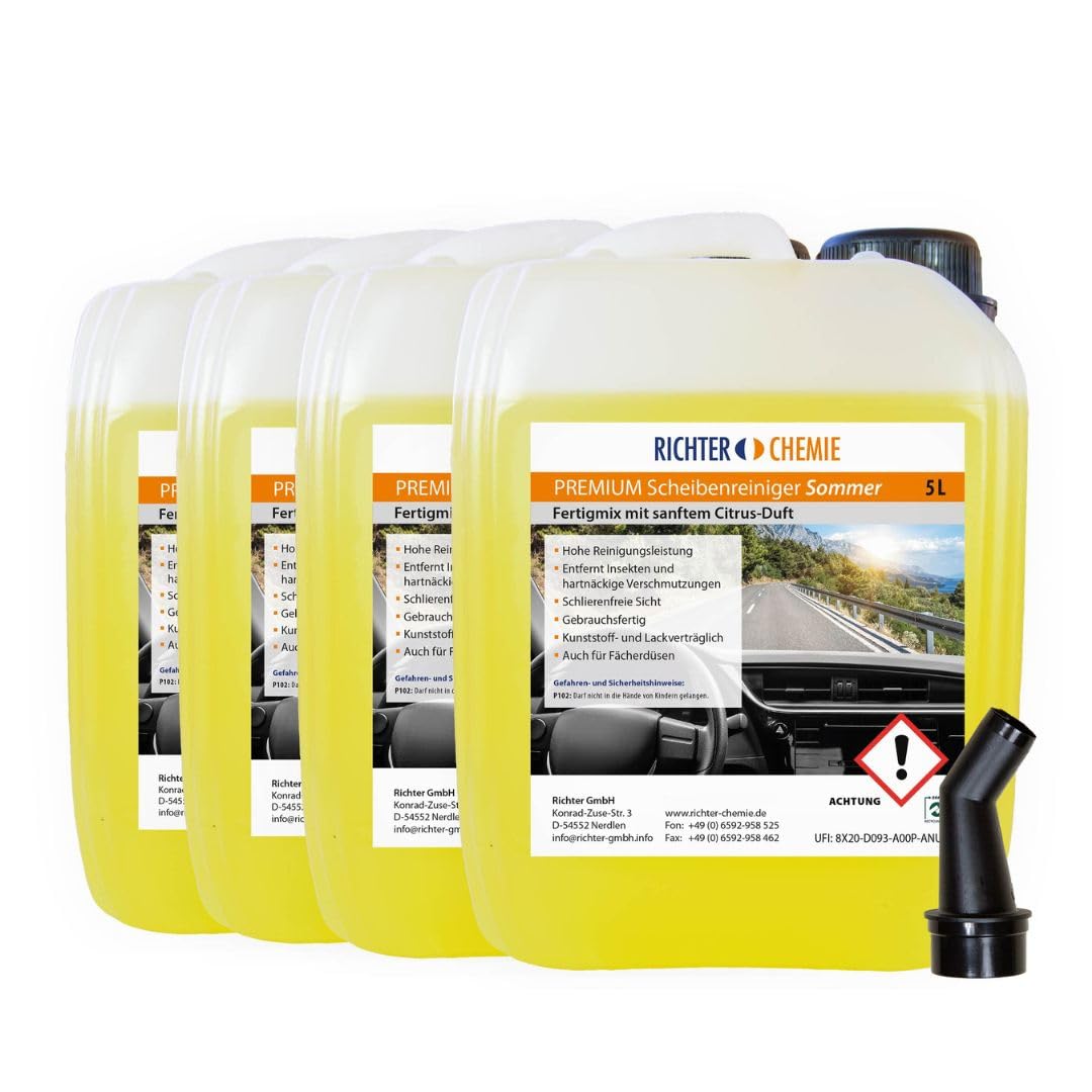 Richter Chemie Scheibenreiniger Sommer Scheibenwischwasser, 4 x 5 Liter | Streifenfreie Reinigung, Gegen Insekten & Teer, Kompatibel mit Fächerdüsen & SRA, Inkl. Ausgießer, Made in Germany
