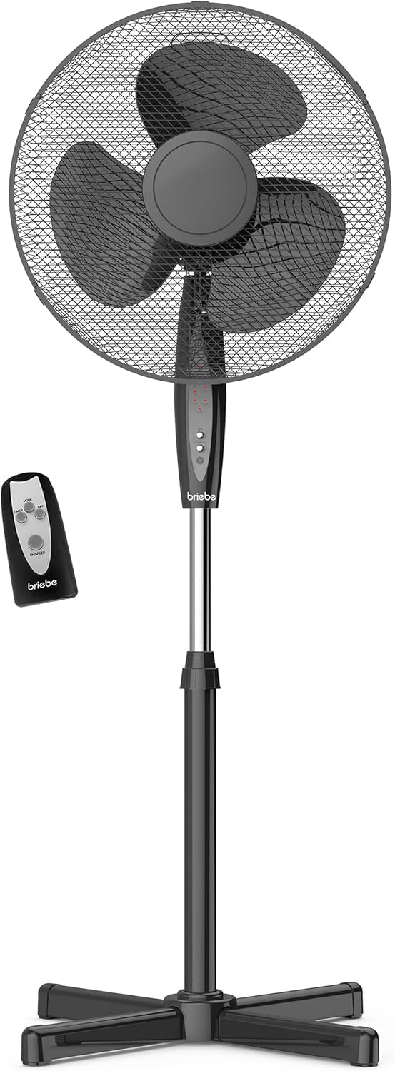 briebe Ventilador de Pie Silencioso con Mando a Distancia, 40cm, Temporizador, Oscilante, 3 Modos Funcionamiento, 3 Velocidades, Regulable Altura 100-​125cm, Negro