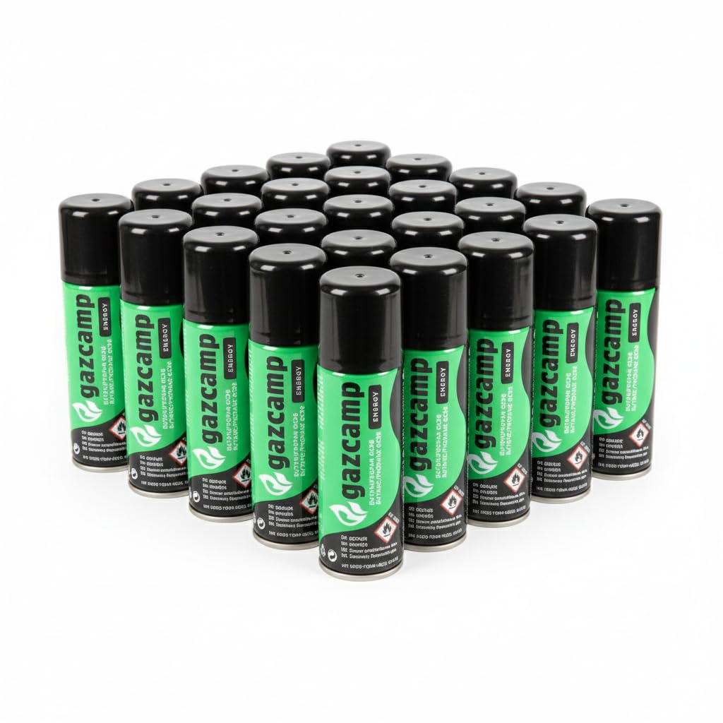 Gazcamp GC56 Feuerzeuggas 100 ml Reines Butan mit 5 Adapter Aufsätzen, Nachfüllgas für Feuerzeuge und Brenner, Schwarz (60 Kartuschen)