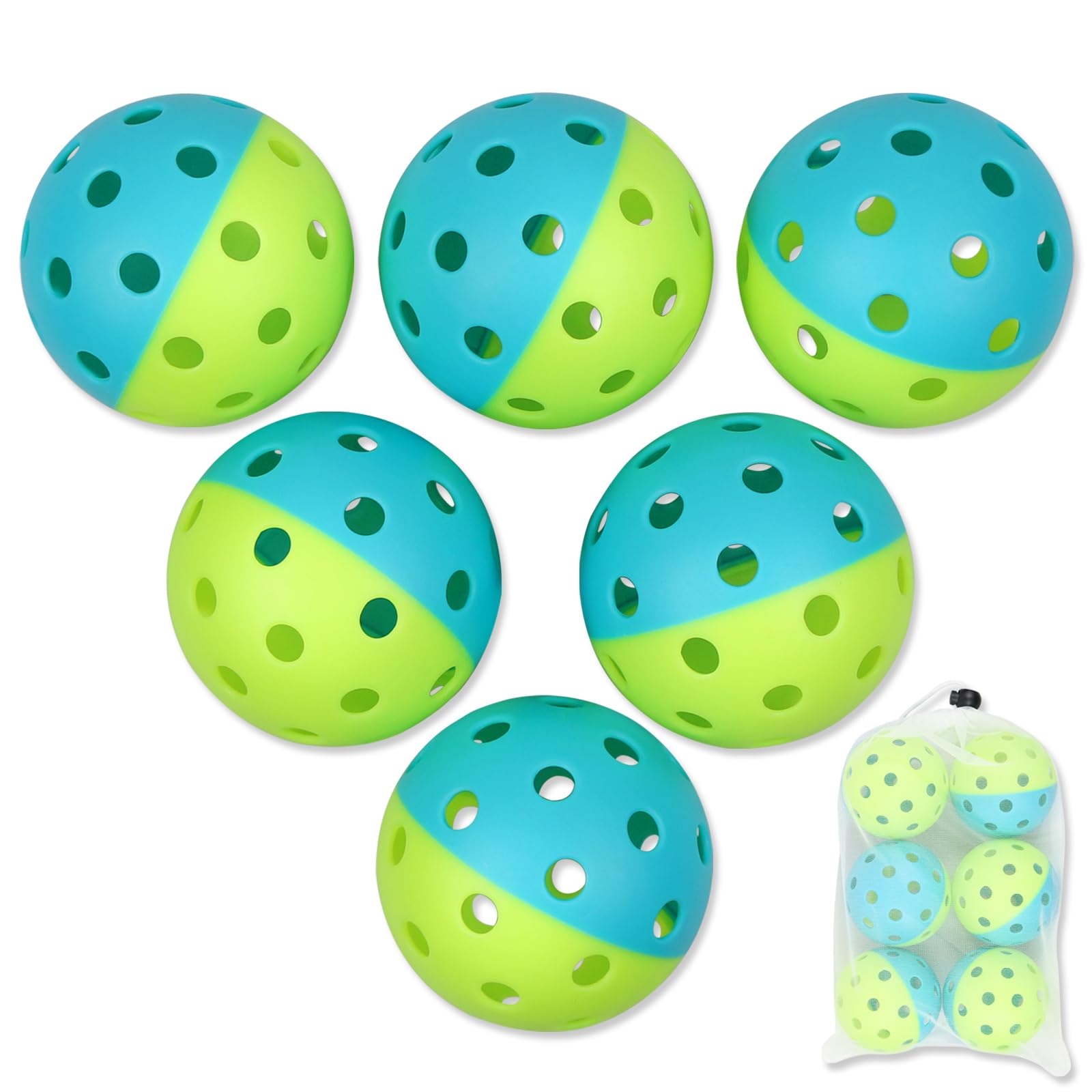 Amoswiz Pickleball Balls, 6 Pack of Indoor & Outdoor Pickle Ball Set, 2 Tone Pickle Balls Set, High Visibility Durable Pickleballs for Training and Tournament, Mixed Color Green and Blue