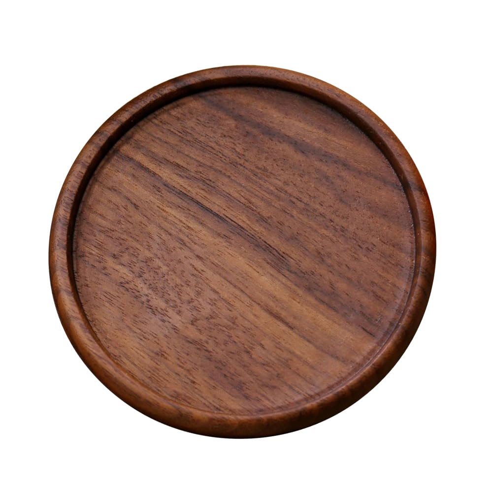CALFOVERA 1PC 10cm Grooved Natural Walnut Cup Holder Round Black Wooden Coasters Heat Resistant Thermal Insulation Pads Tabletop Protection Wood Coffee Cup Mug Mats Saucers for Drinks Bar Kitchen Home