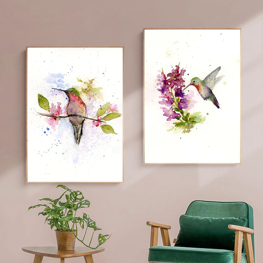 WBYZAC 2 Pieces-Abstract Colorful Hummingbird Watercolor Painting Canvas Poster Nature Print Bird Wall Pictures for Living Office Room Home Decor-50 * 70cm (No Frame)