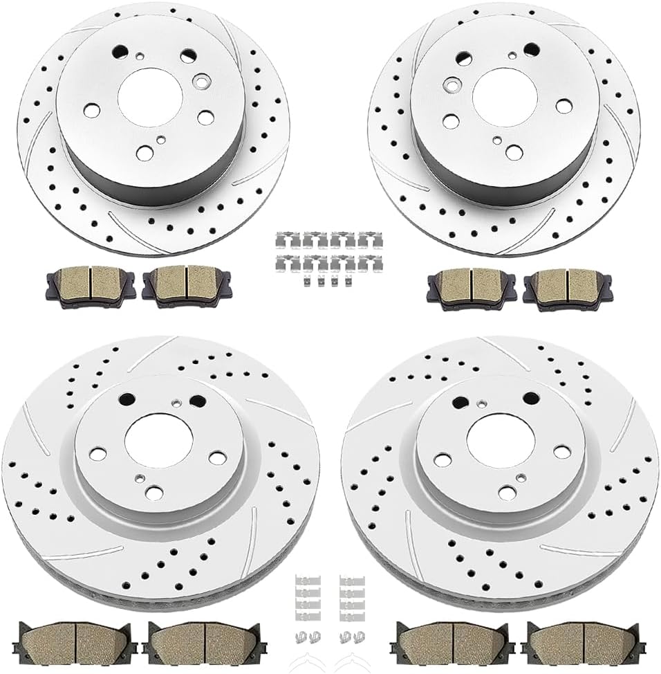 Front (11.65") and Rear (11.06") Drilled and Slotted Brake Rotors Ceramic Brake Pads Brake Kit Replacement for 2008 – 2012 Toyota Avalon 2007 – 2011 Camry 2007 – 2012 Lexus ES350