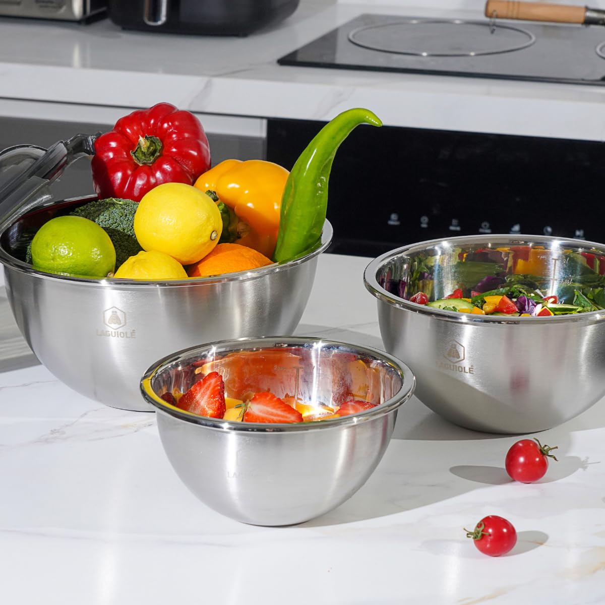 Vorratsdosen Set 3 tlg | Mit Deckeln, 1,35L/2,5L/4,35L, 18/8 Edelstahl, luftdichter transparenter Deckel