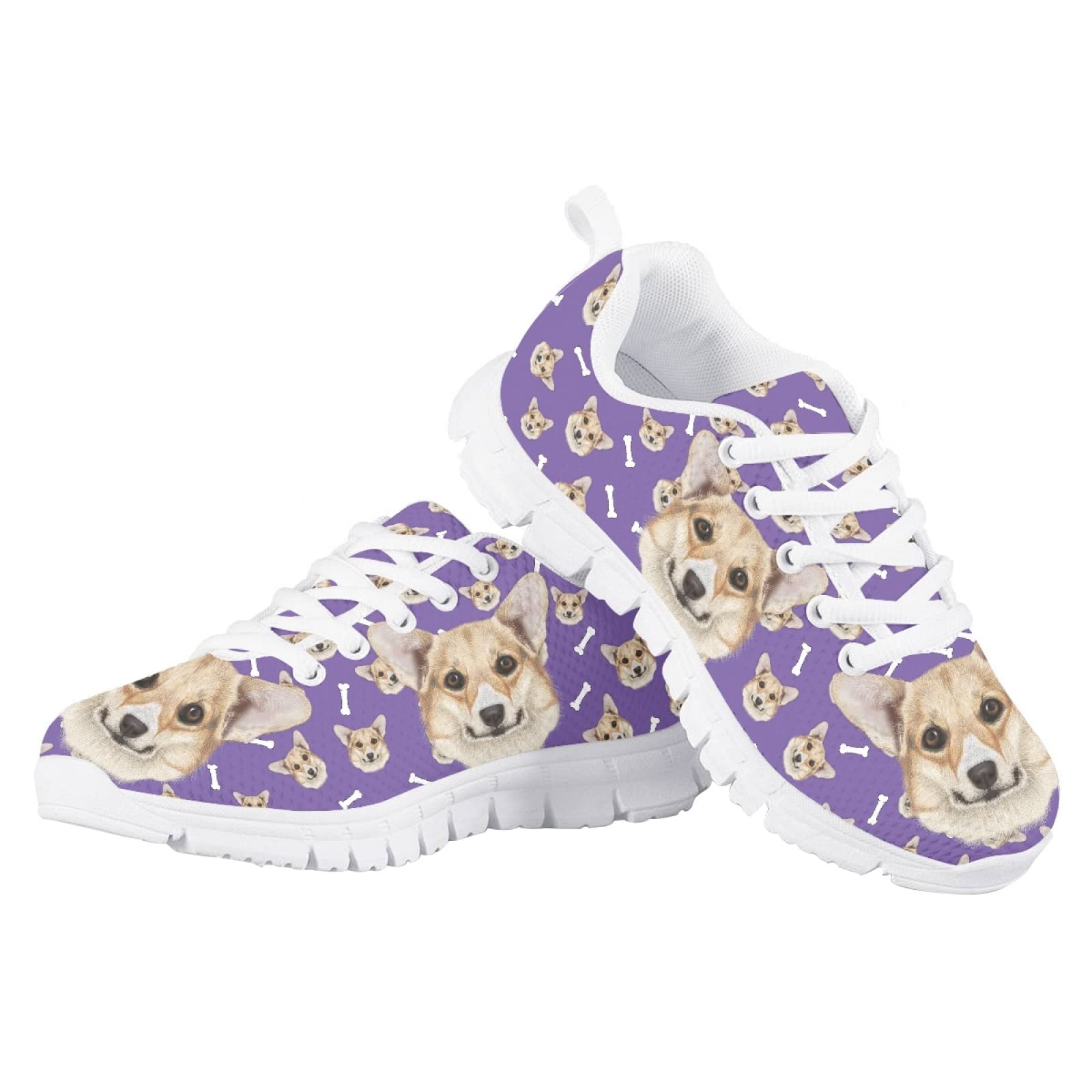 Purple Dog Corgi Print Tennis Shoes for Boys Girls Lace Up Lightweight Cute Athletic Shoes Little Kids Casual Indoor Outdoor School Running Sneakers Size Size 10.5