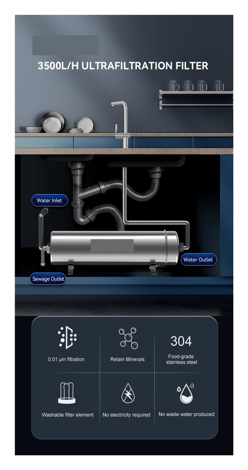 Oczyszczacz wody PVDF UF 3500L/H, filtr ultrafiltracyjny całego domu, filtracja 0,01um SUS304 woda pitna