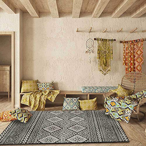 GUGJHFVH Alfombras para salón, comedor, mesita de noche, suave, fácil cuidado, estilo étnico, líneas geométricas antiguas, color blanco y negro, 120 x 180 cm