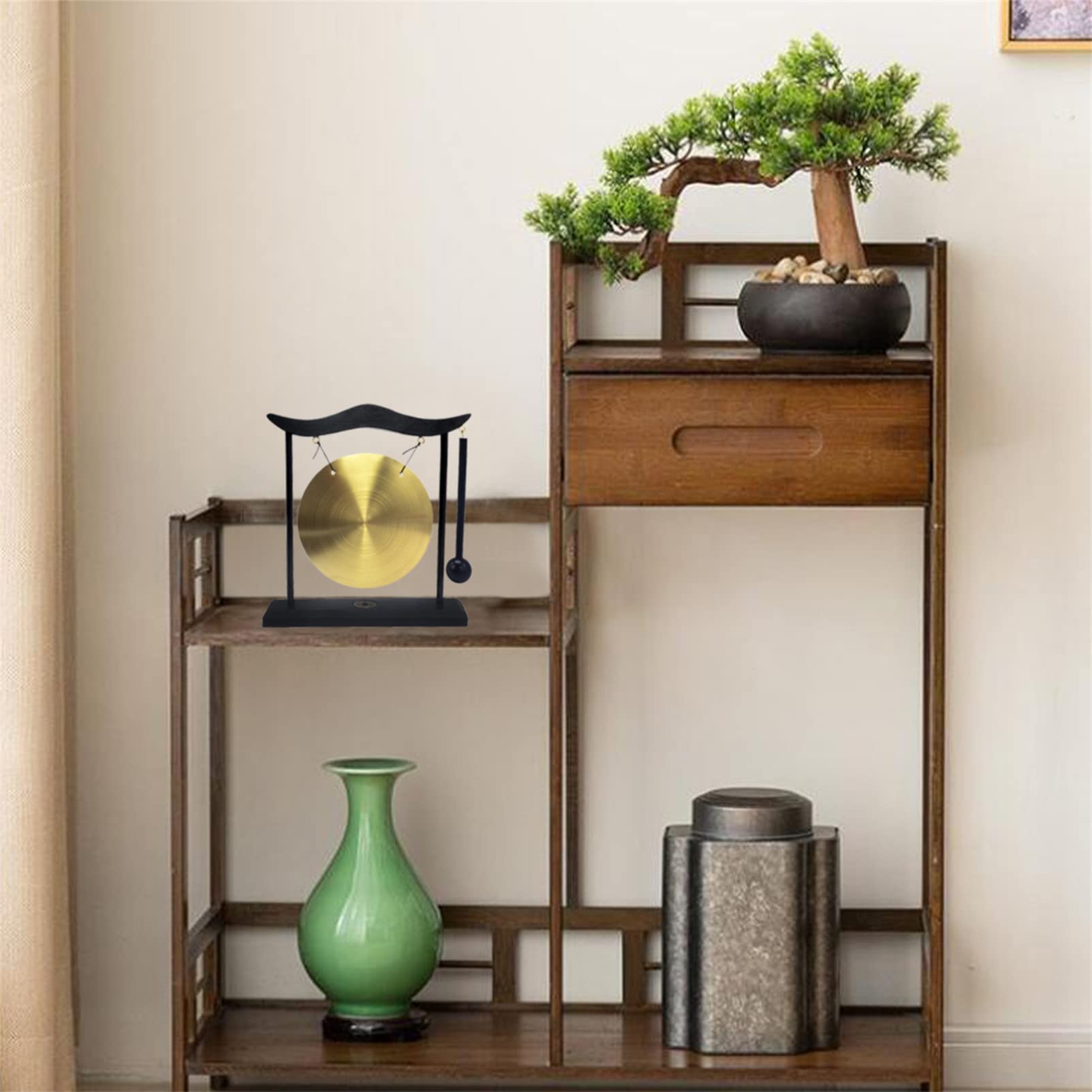 Żyrandol Feng Shui z mosiądzu Juanxian Zen Art z gongiem do szczęścia z czerwoną bransoletką sznurkową H1301