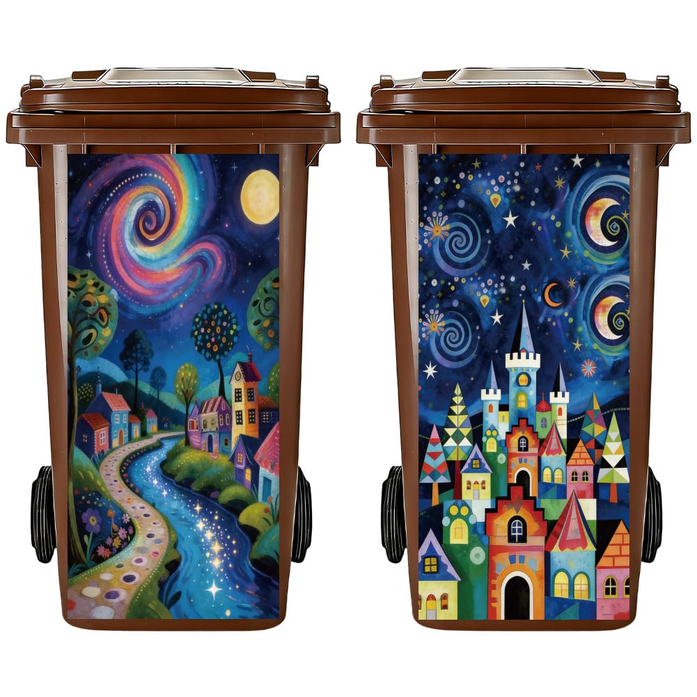 PRESSINART 2Pcs 2 Styles Wheelie Bin Stickers 15 x 32 Inch Dream Castle Pattern, Garbage Can Decals Waterproof Self Adhesive Vinyl Dustbin Stickers for Garden Yard Home Trash Bin Decor