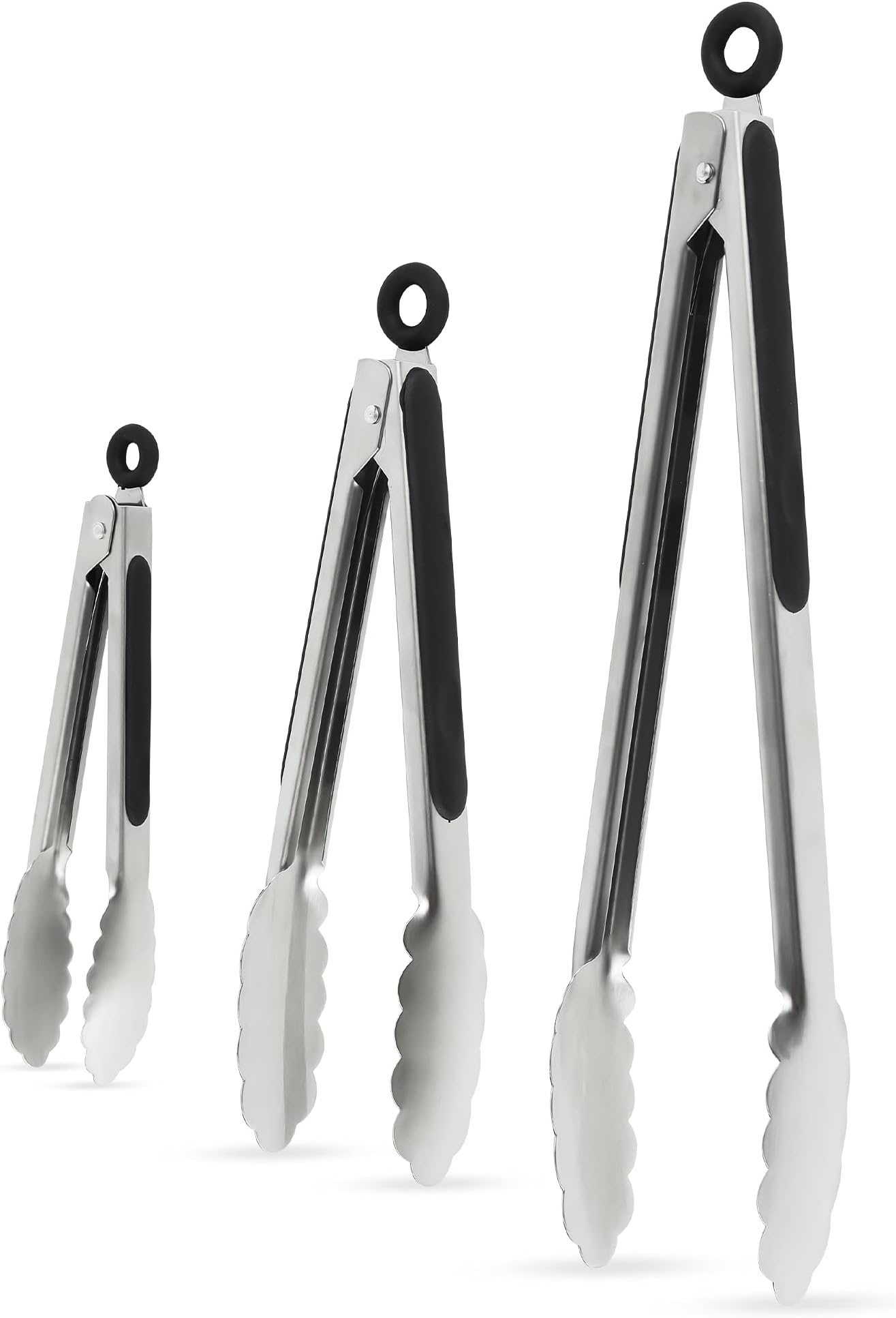Kitchen Barbecue Tongs Set of 3 Smithcraft 18/8 (304) Stainless Steel - 7,9,12 Inch, Heavy Duty Salad and Grill Serving Kitchen Cooking Tongs Color Black