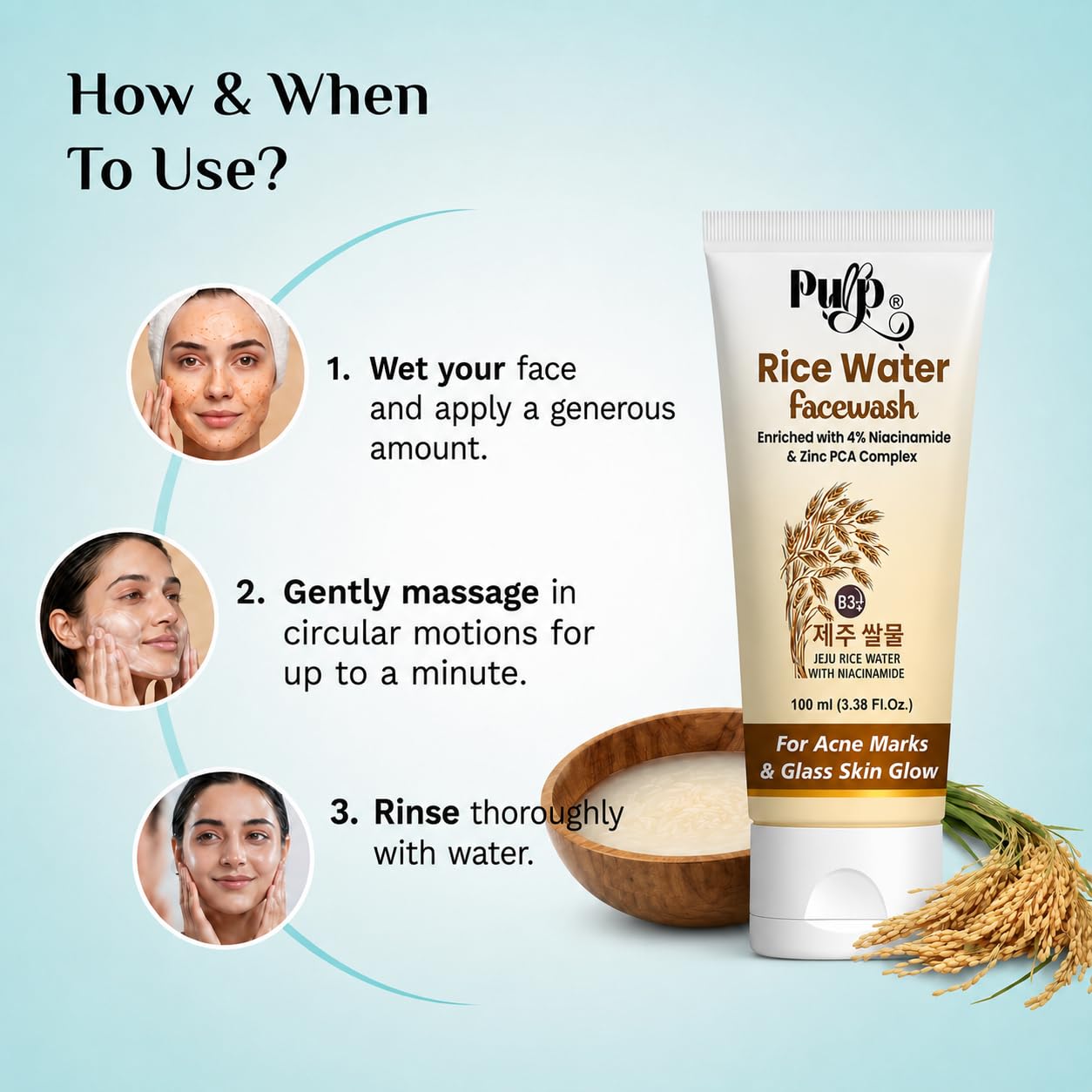 Purp Rice Water Face Wash with 4% Niacinamide & Zinc PCA | Deep Cleansing Facewash for Acne Marks, Oil Control & Glass Skin Glow | Brightening & Skin Barrier Support | Suitable for Men & Women | 100 ml 3