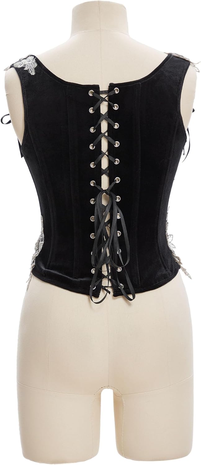 daizbella Women Velvet Medieval Corset Embroidery Elf Style Renaissance Corset Tops Overbust Boned Bustier Bodice