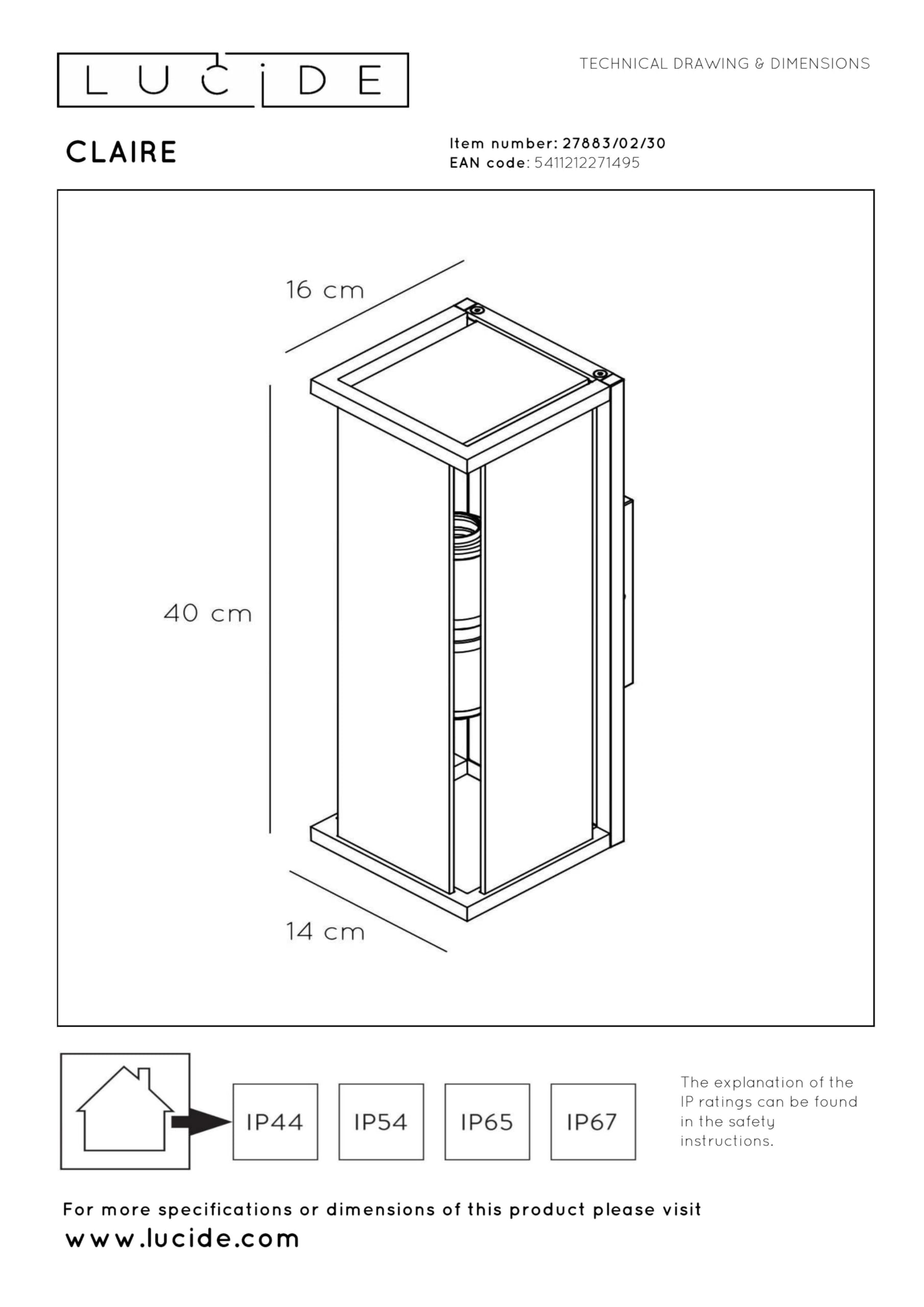 Lucide Claire – Lampada da parete esterna – IP54 – Nero, Vetro, nero, E27 15 wattsW 230 voltsV
