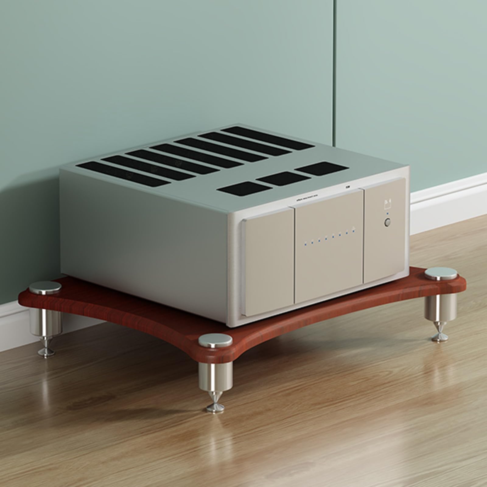 Soporte audiovisual de teca con dos niveles y estantes para altavoces de salon