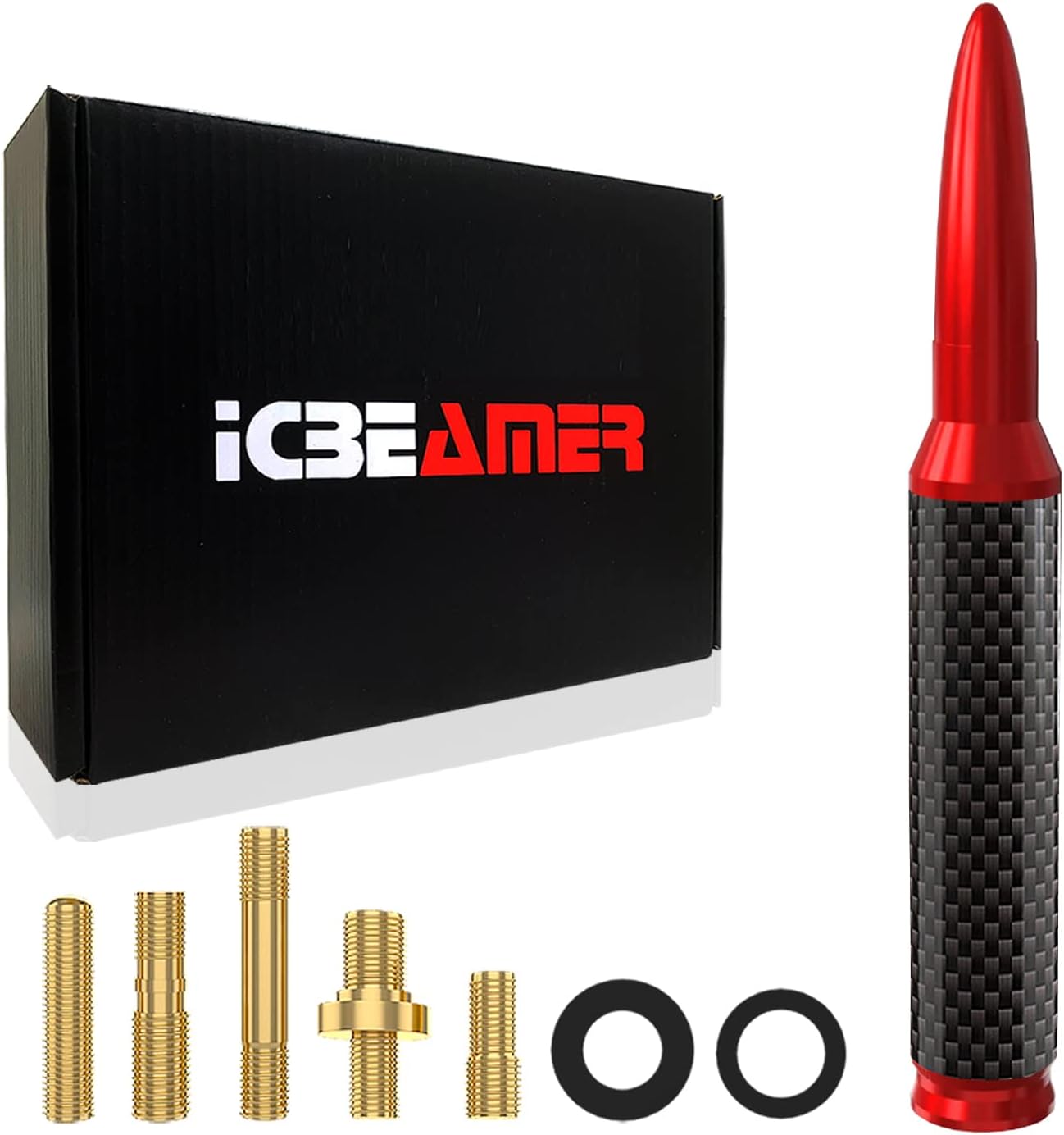 ICBEAMER 50 Cal Carbon Fiber Bullet Antenna Replacement [Color: Red], Universal Fit Truck Van Cars Made with 6061 Solid Aluminum & Anti Theft Anti Chip Design Universal Fit Good for AM/FM Radio