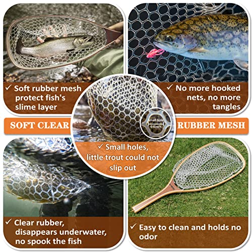 Onrocl Fly Fishing Net Trout Net With Magnetic Release And Rod Holder Wooden Frame Landing Net With Soft Rubber Mesh For Catch And Release (Clear Small Holes) #TOP2