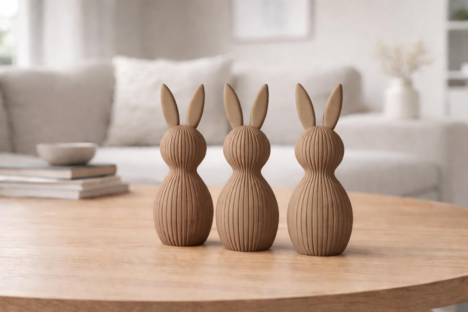 ALBA Hasen Deko 3er Set 12 cm – 3D Druck Deko Figuren im Skandinavischen Stil – Moderne Osterdeko Minimalistisch – Wohnaccessoires für Wohnzimmer, Tisch, Regal & Frühlingsdeko (Karamel, ALBA Nord)