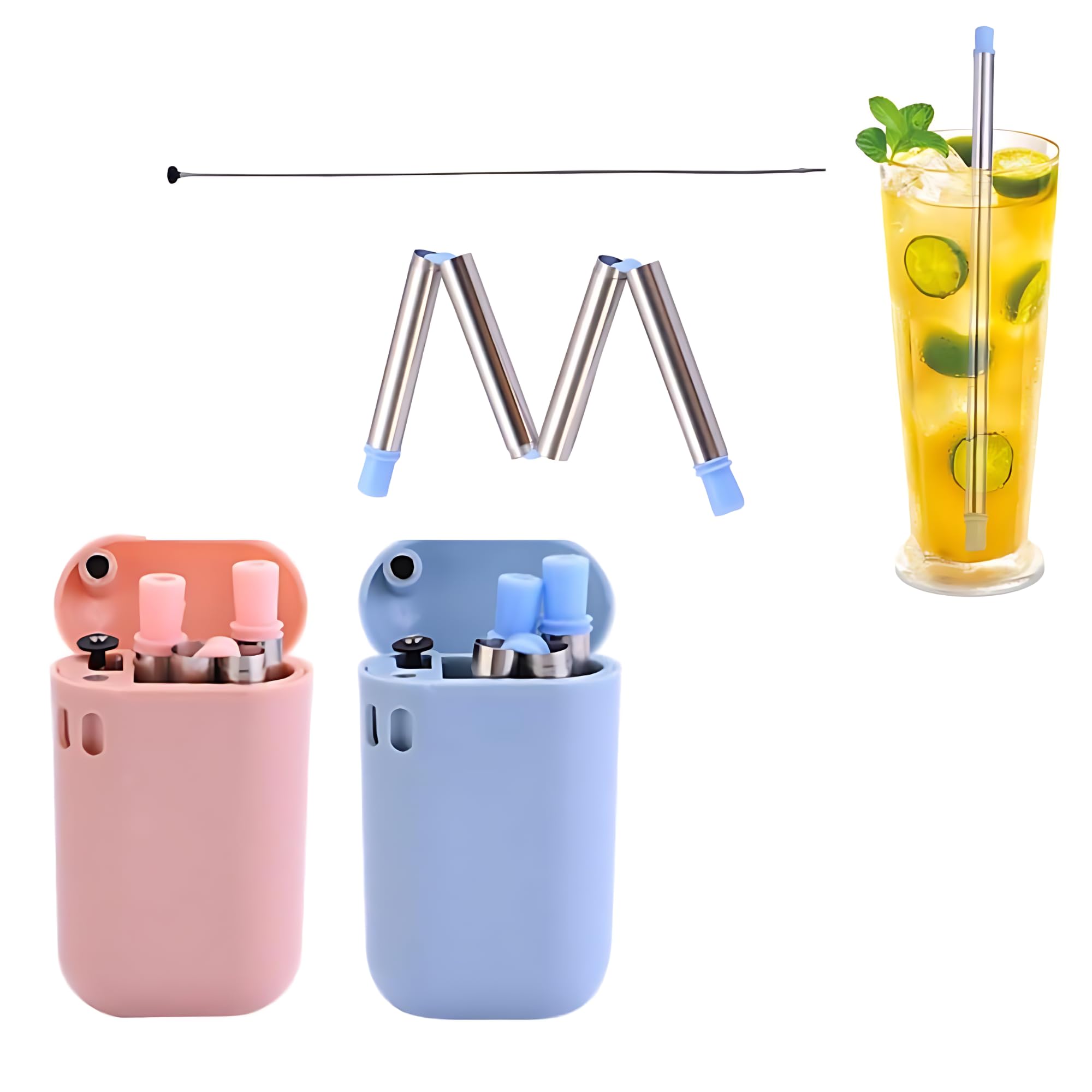 2 x His and Hers Collapsible Straw with Travel case (Stainless Steel) | Pink and Blue Foldable Straws | Reusable Environmentally Friendly Drinking Straw with Bonus Cleaning Brush | Portable Metal