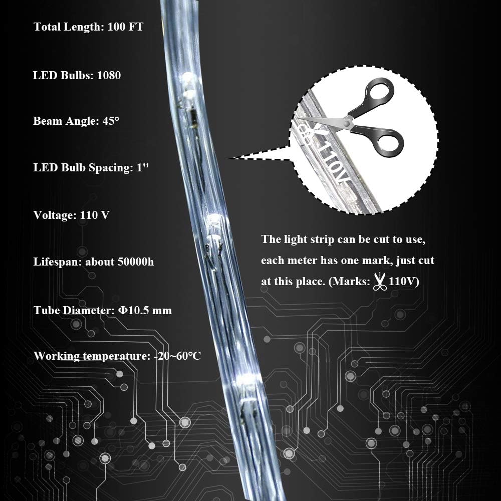 C-CHAIN 100ft LED Rope Lights Outdoor Waterproof Plug in, LED Strip Lights Indoor, Cuttable & Connectable,1080 LEDs, 110V, 2 Wire, Ideal for Patio Christmas Party Decoration (100ft, Cool White)
