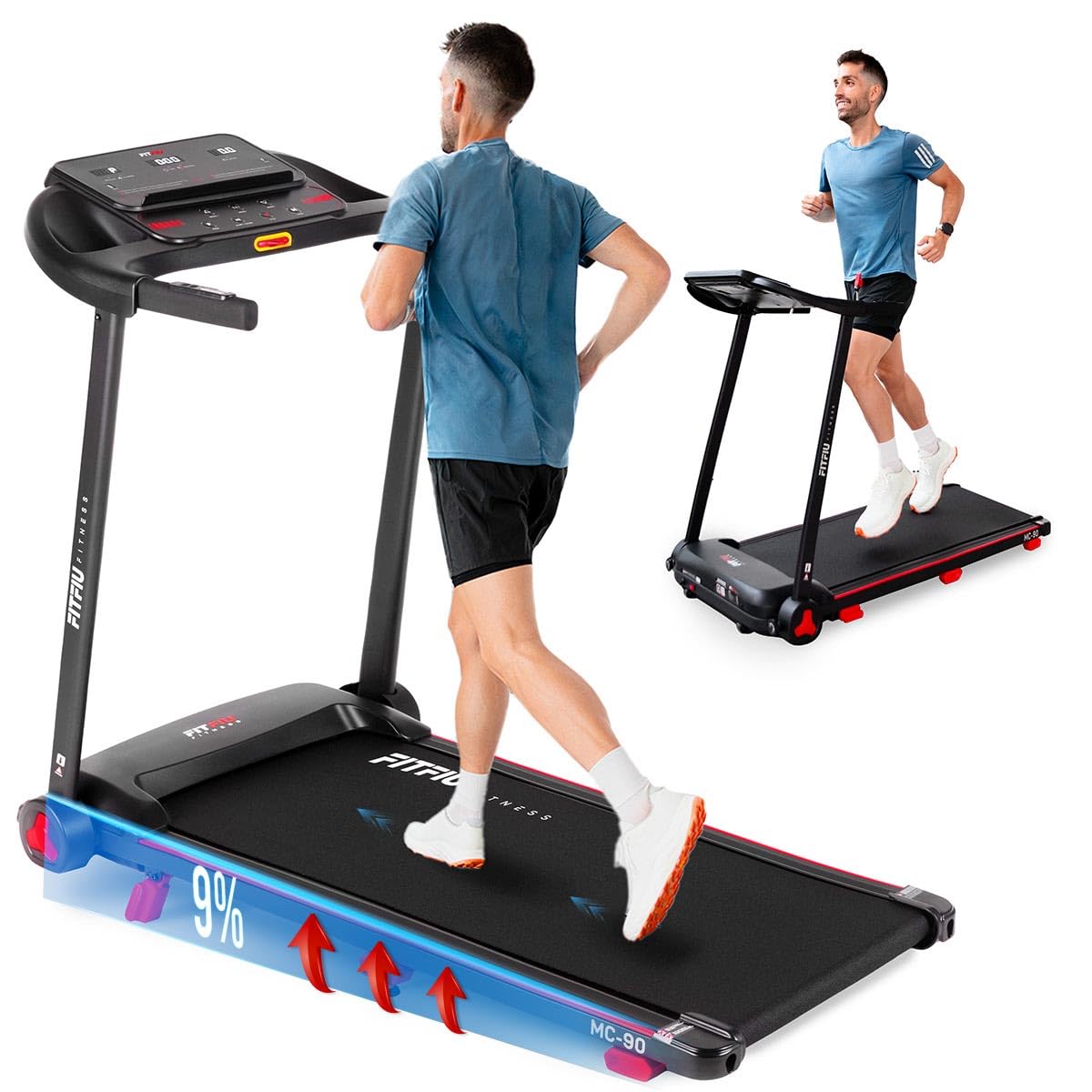 Cinta de Correr Plegable FITFIU Fitness Inclinación 9% y Velocidad Ajustable 14 km/​h Conectividad App y Altavoces Integrados 12 Programas y Motor 2.0 HP con Soporte para Tablet MC-​90
