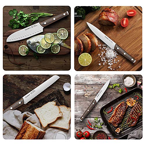 Kitchen Knife Sets, Cookit 15-Piece German Stainless Steel Chef Knife Set with Wooden Block Holder and Sharpener, Color Handle Knife Block Set