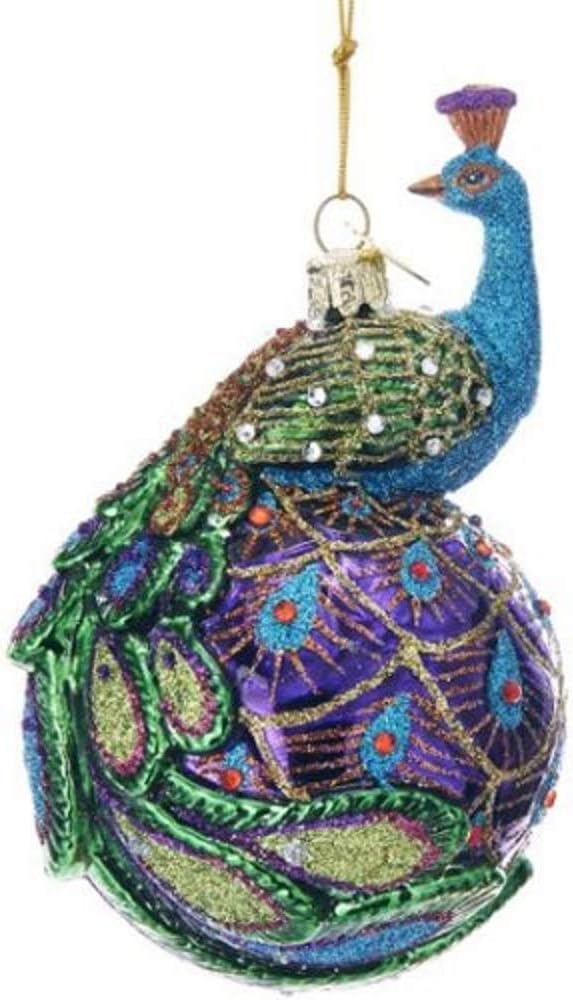 Kurt S. Adler Peacock Themed Purple Blue Teal Green Ornaments (Noble Gems? 5" Peacock Glass Ball Christmas Tree Ornament NB1345)